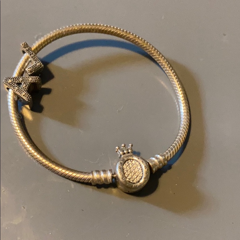 Pandora bracelet crown clasp, two charms A L